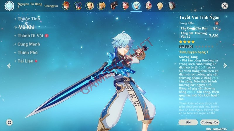 Hướng dẫn cách lấy vũ khí trọng kiếm Tuyết Vùi Tinh Ngân trong phiên bản  1.2 của Genshin Impact